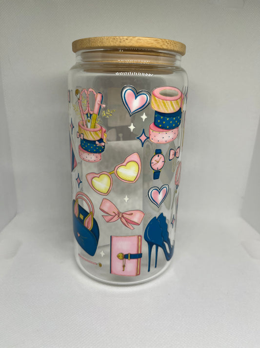 Girly Craft Aesthetic 16 oz Glass Cup | Pink & Blue Creative Vibes