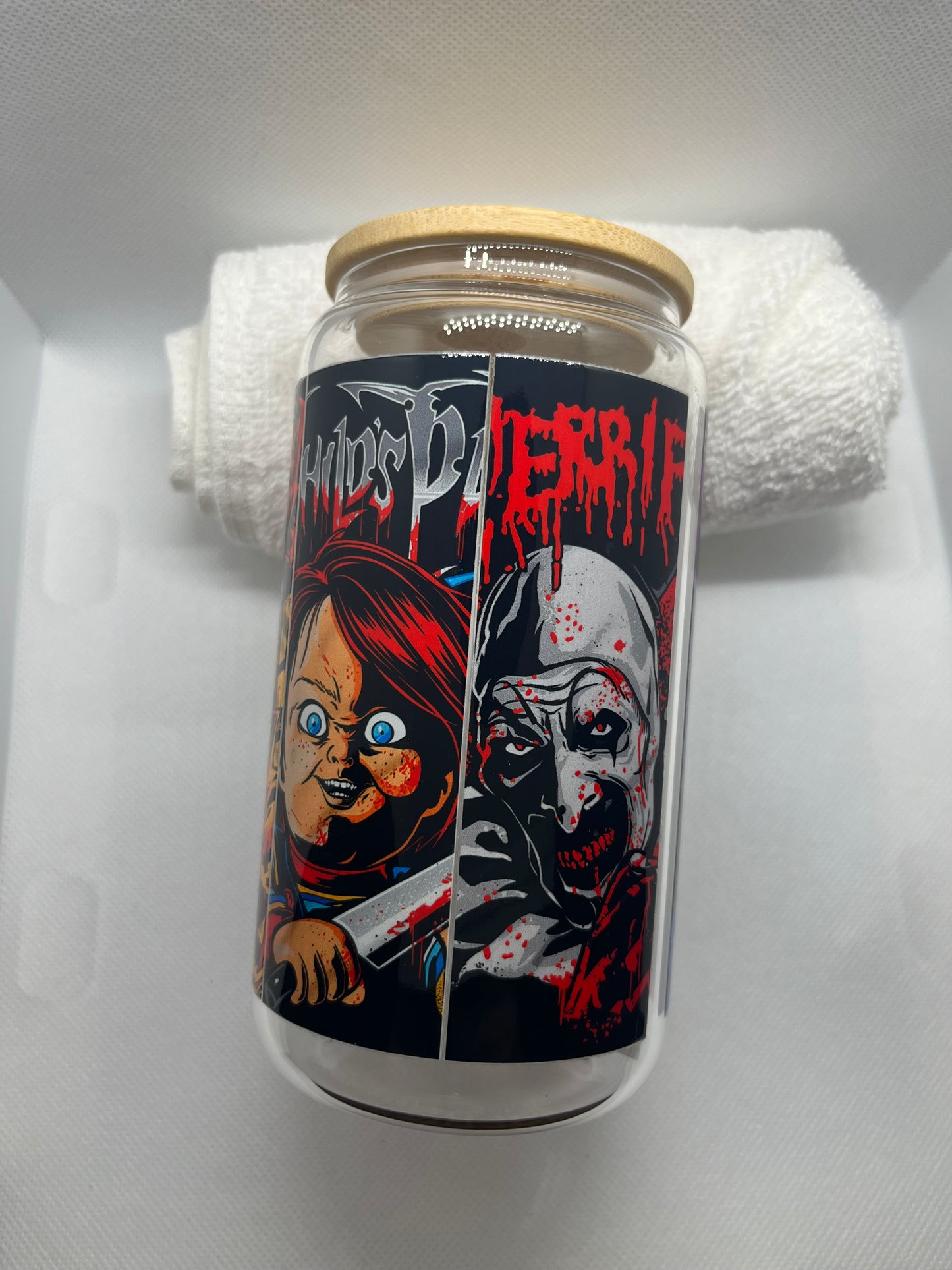 Horror Icons Glass Tumbler | Spooky Movie Villains Can Glass with Bamboo Lid