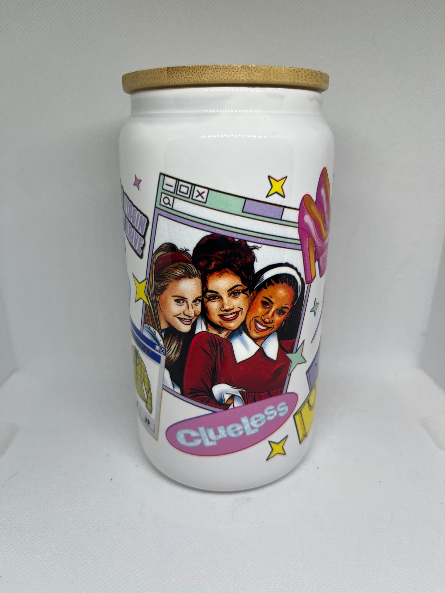 90s Teen Movie Inspired White Glass Cup with Bamboo Lid – 16 oz