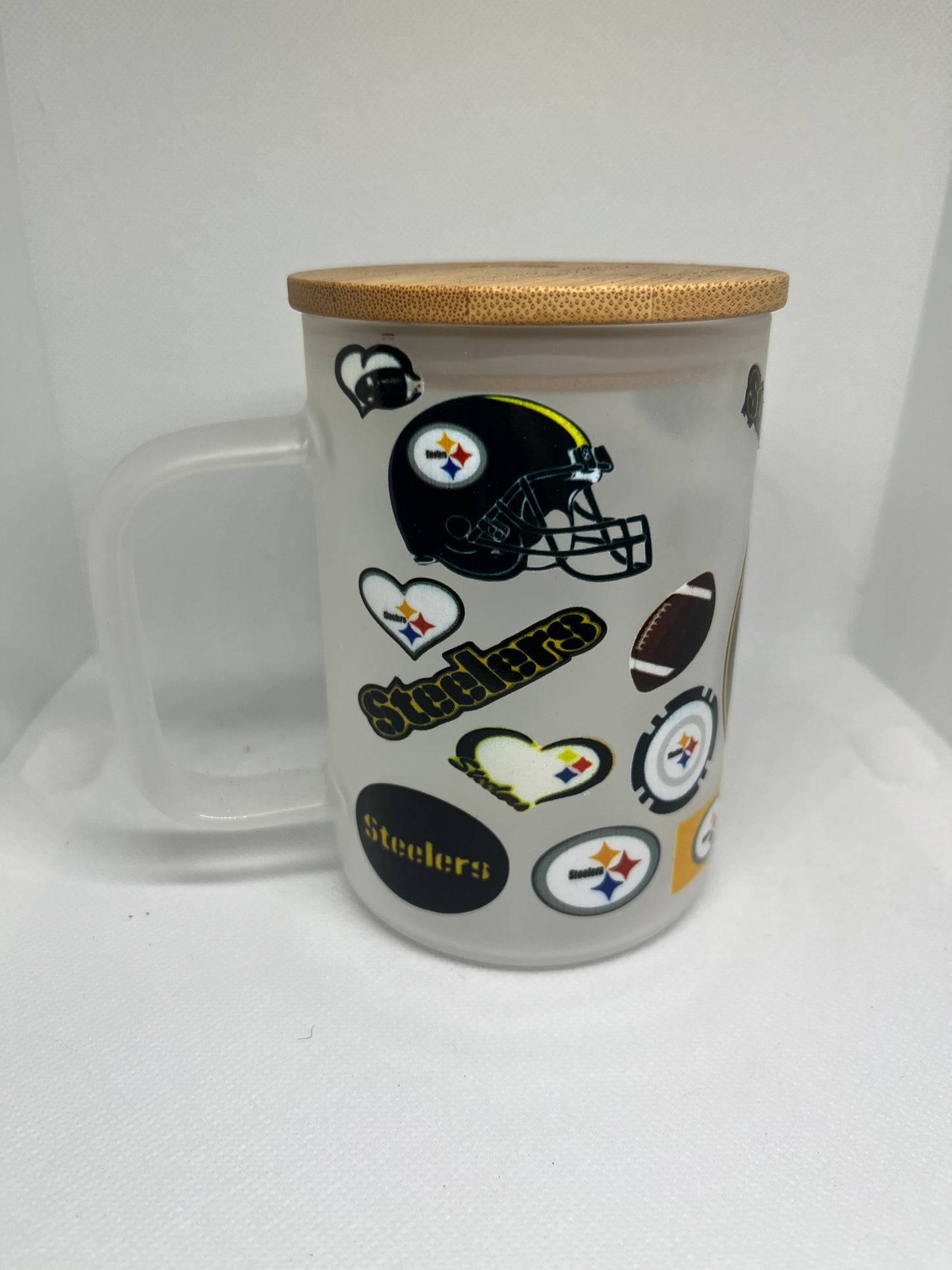Pittsburgh Football Fan Frosted Glass Mug with Bamboo Lid