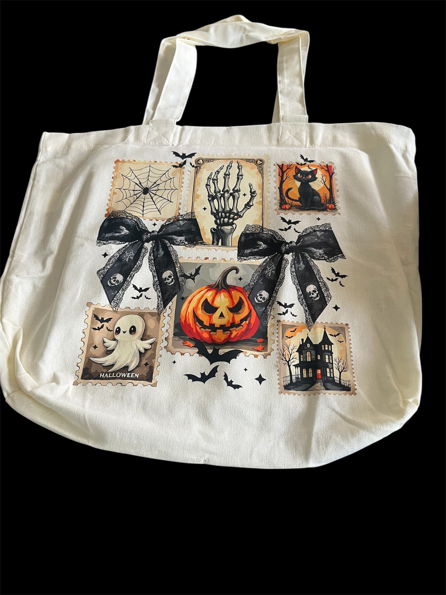 Vintage Halloween Collage Tote | Spooky Pumpkin & Gothic Bow Canvas Bag