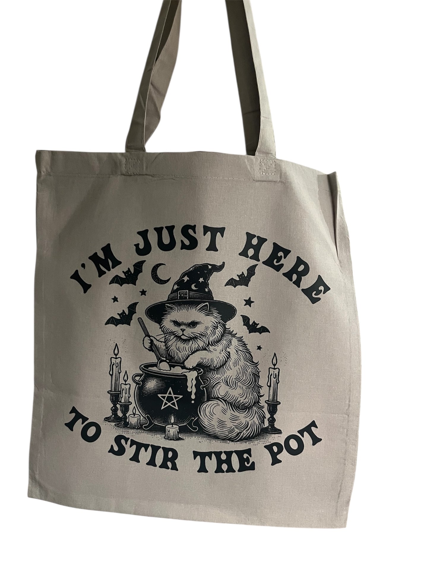 I’m Just Here to Stir the Pot Witch Cat Canvas Tote Bag