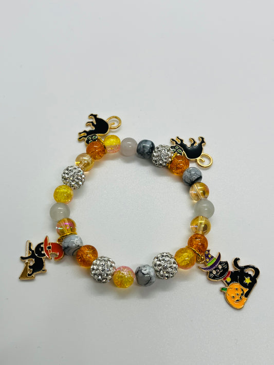 Halloween Cat & Pumpkin Charm Stretch Bracelet