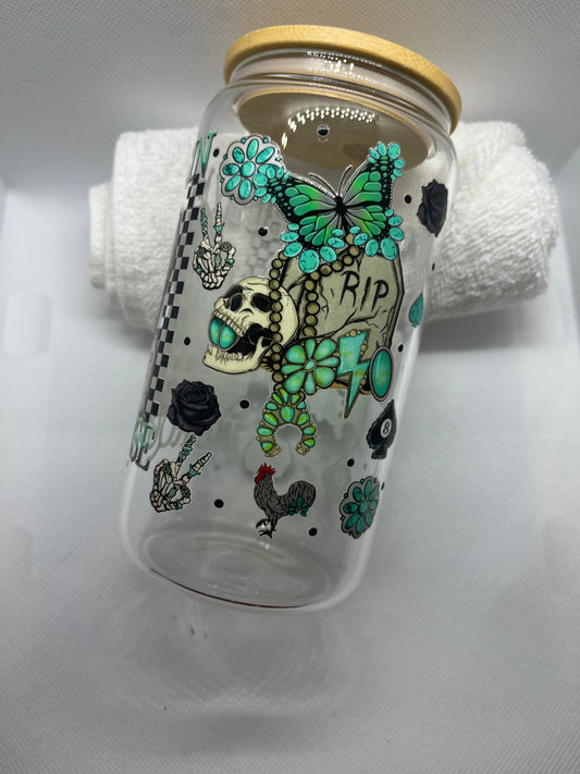 Turquoise Gothic Skull Glass Cup | Spooky Aesthetic 16 oz Glass