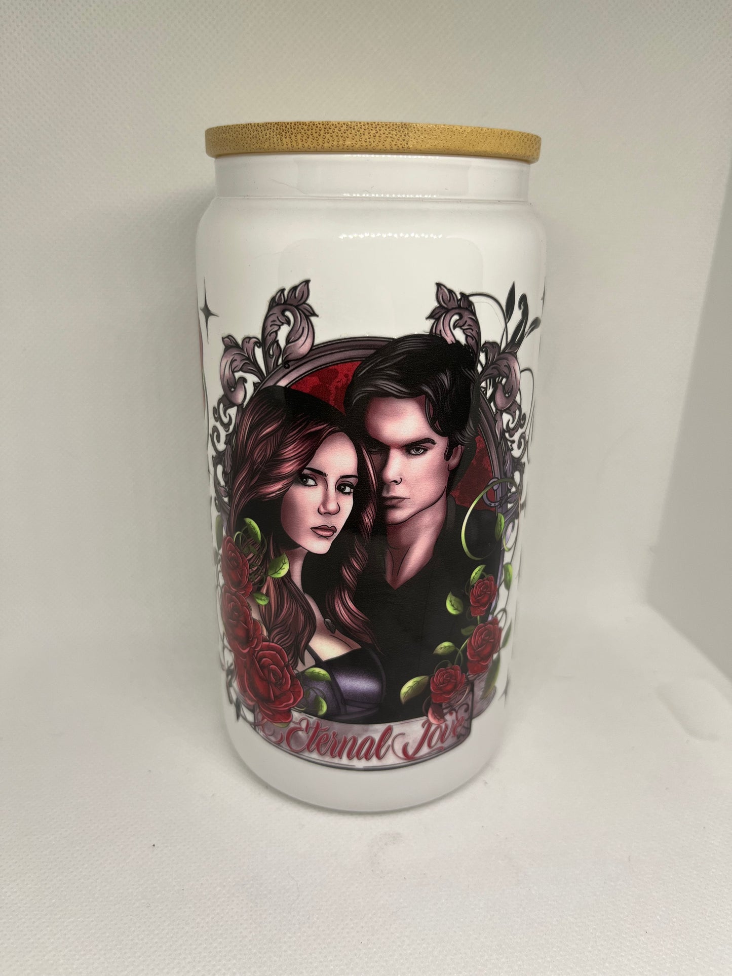 TVD Eternal Love Gothic Rose White Glass Cup with Bamboo Lid