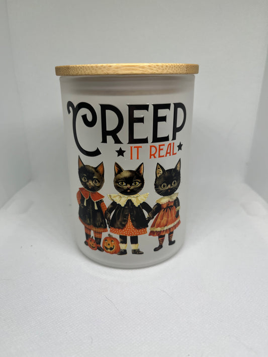 Creep It Real Halloween Cat Frosted Glass Mug with Bamboo Lid