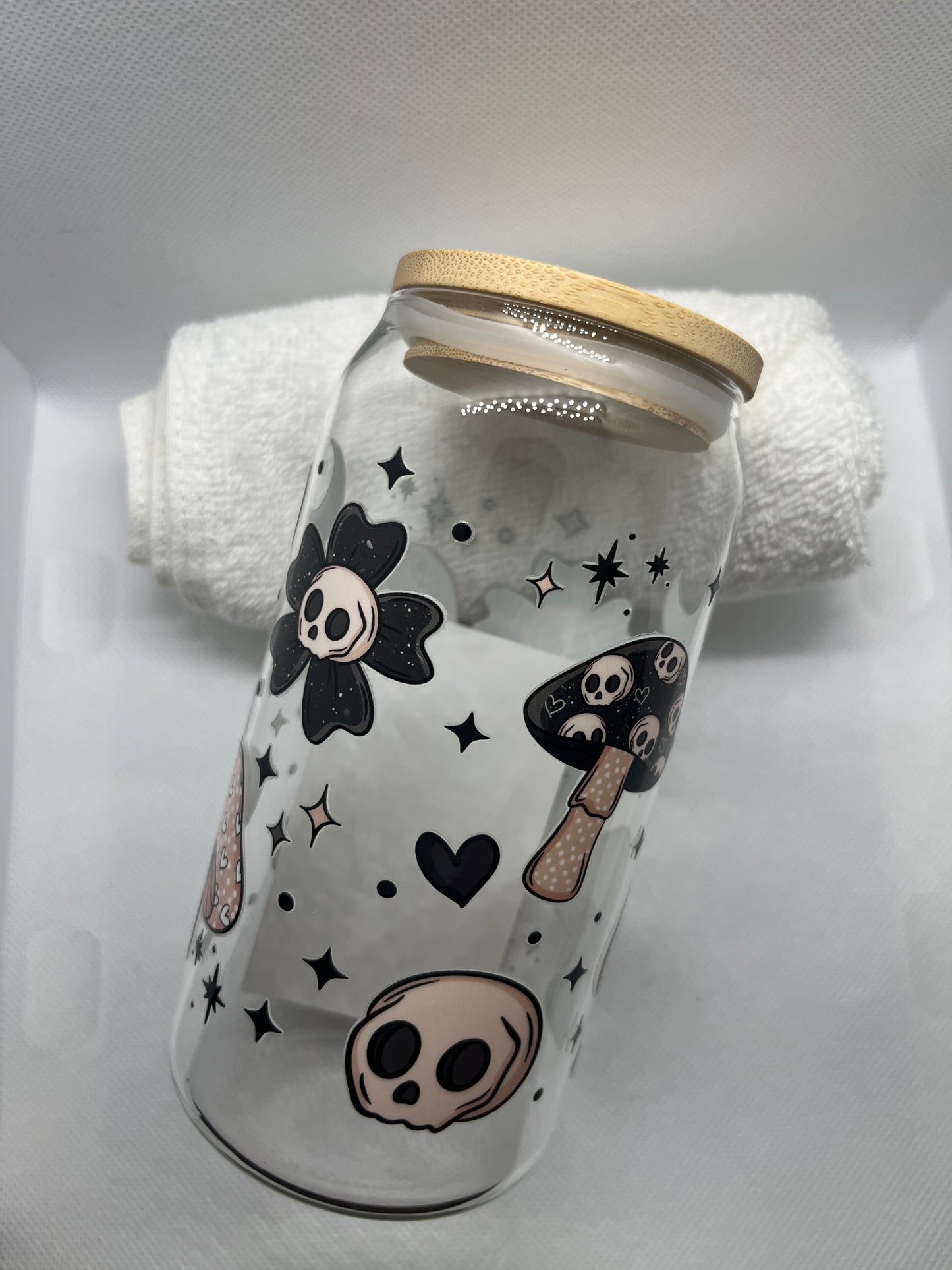 Spooky Cute Skull & Mushroom Glass Can Tumbler