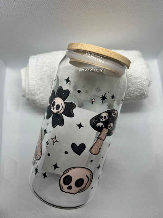Spooky Cute Skull & Mushroom Glass Can Tumbler