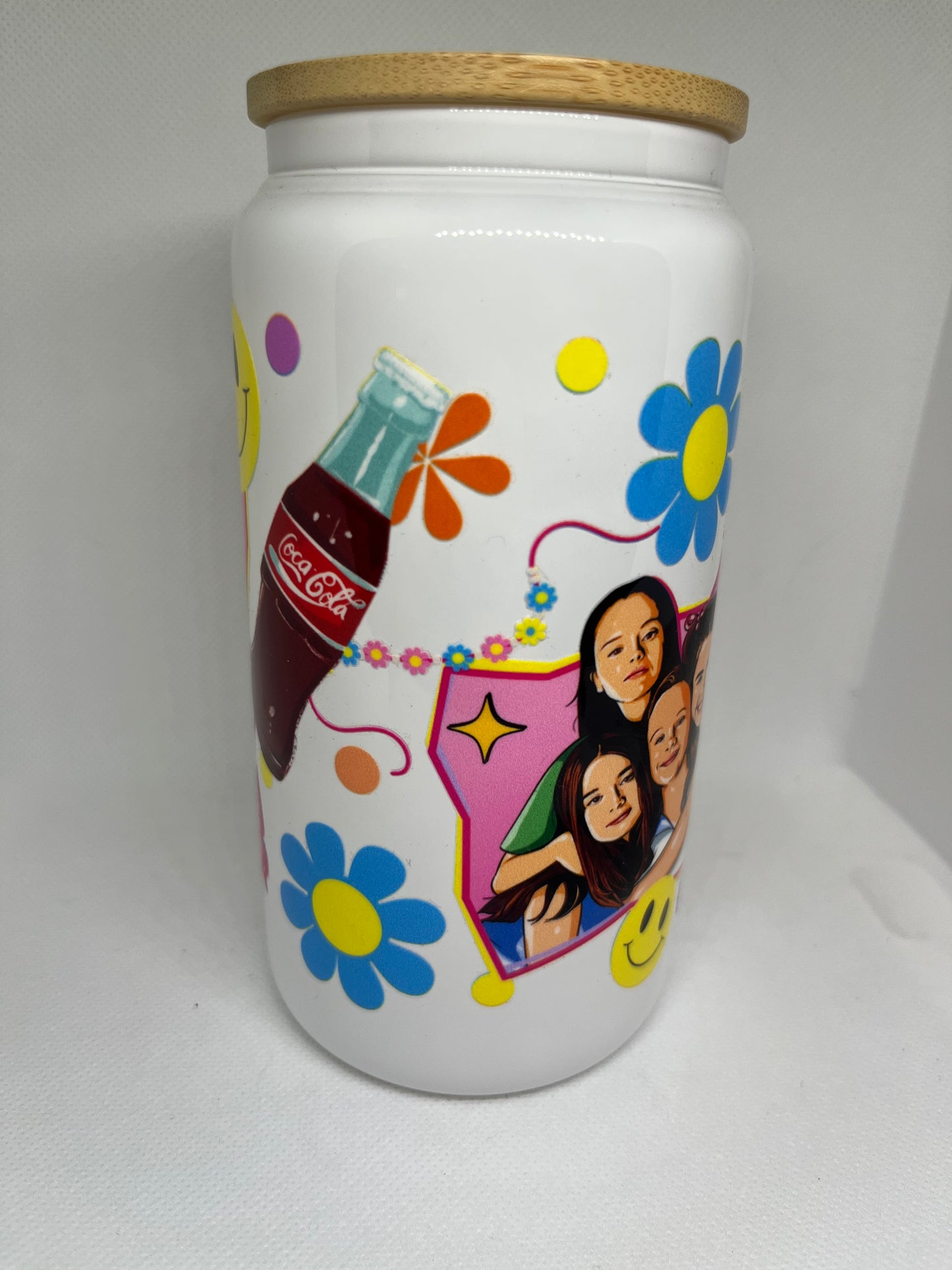 Now and Then-Inspired White Glass Cup with Bamboo Lid