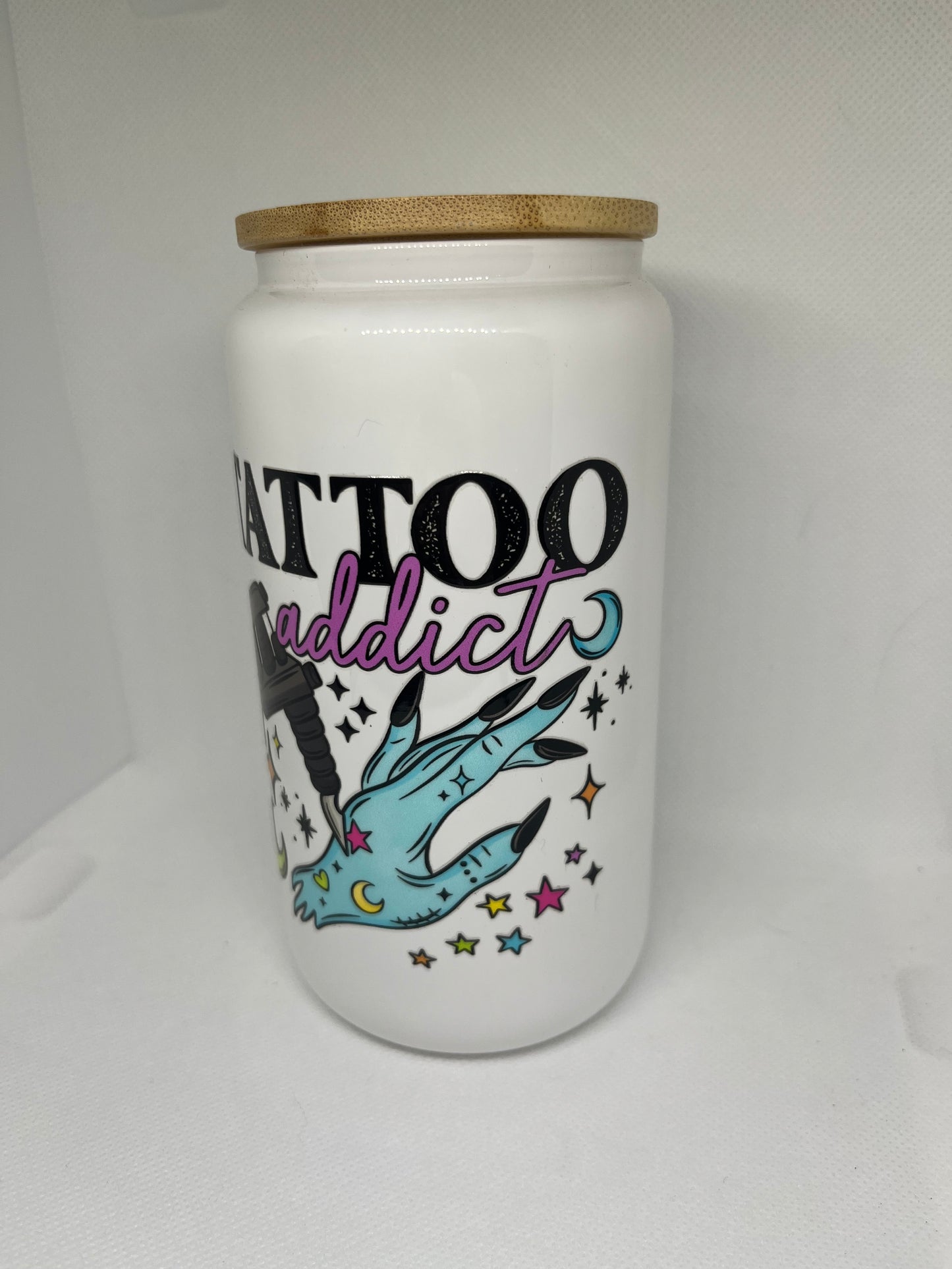 Tattoo Addict White Glass Can with Bamboo Lid