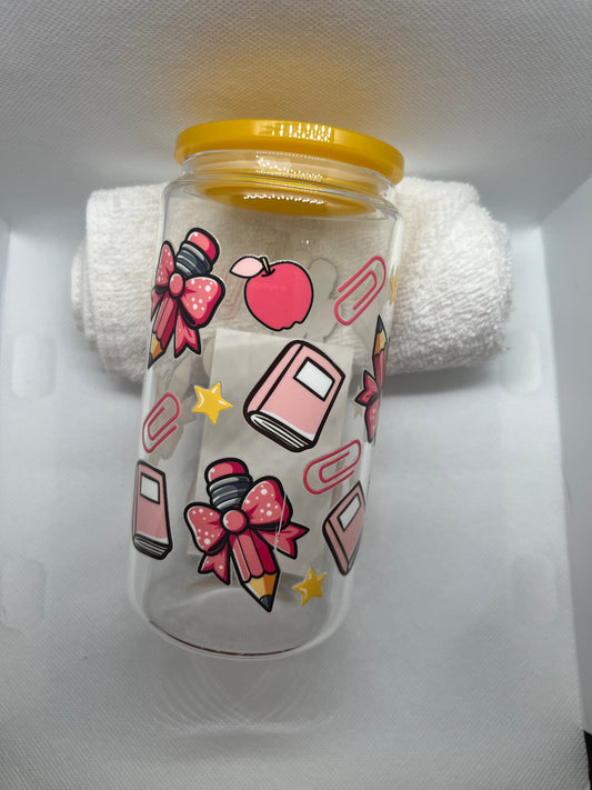 Teacher Aesthetic 16 oz Glass Cup | Cute School Theme Tumbler