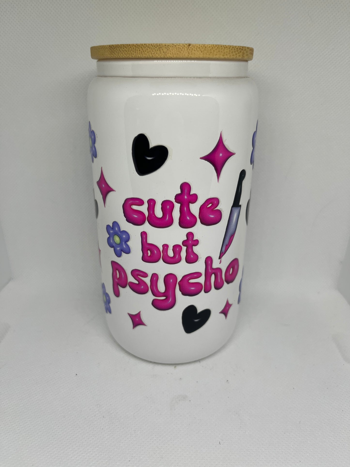 Cute But Psycho – 16 oz White Glass Can Cup