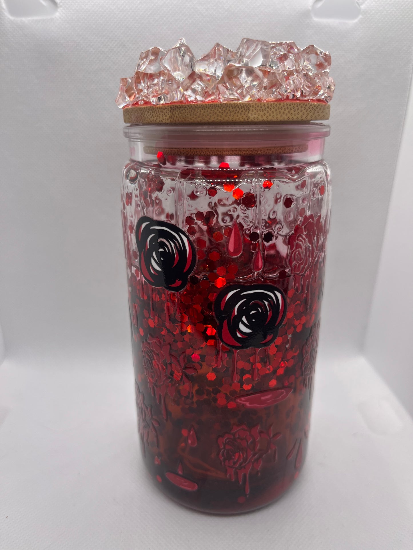 Goth Rose Snowglobe Tumbler – 16 oz Red Glitter plastic Cup