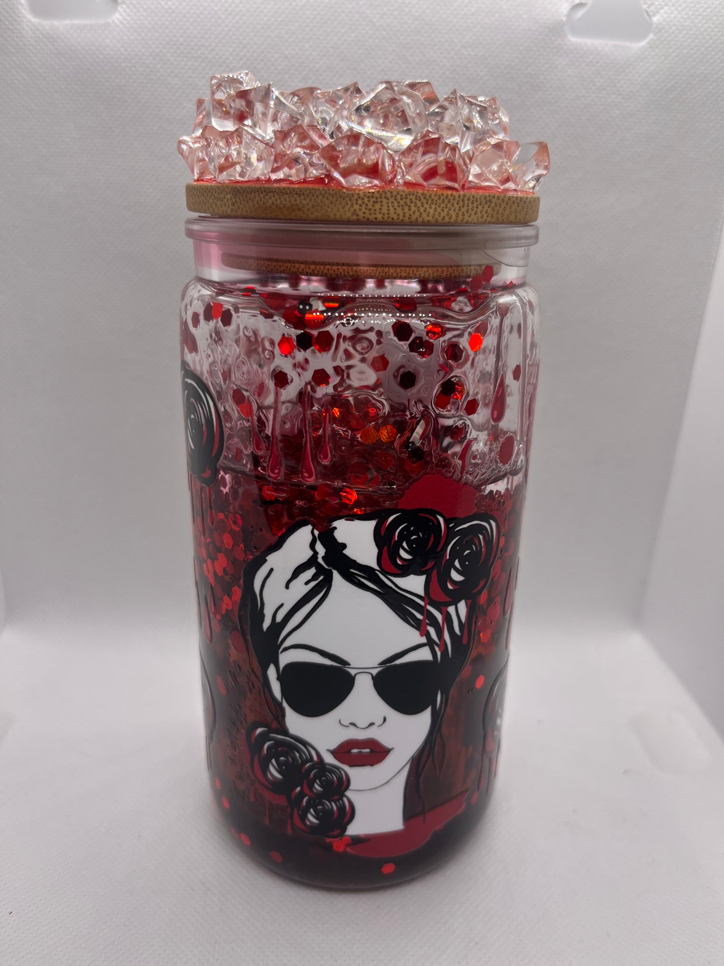 Goth Rose Snowglobe Tumbler – 16 oz Red Glitter plastic Cup