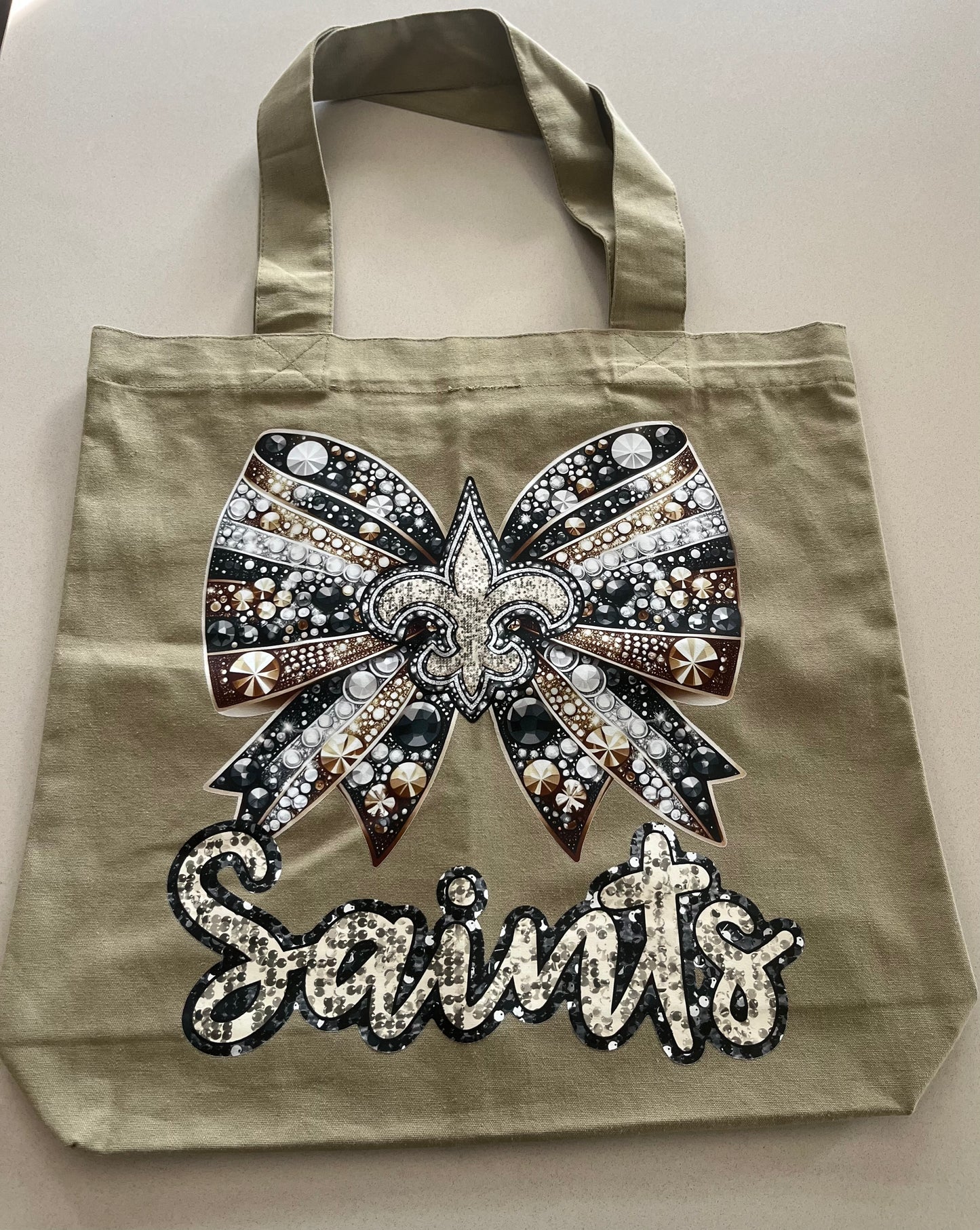 Saints Rhinestone Bow Tote Bag