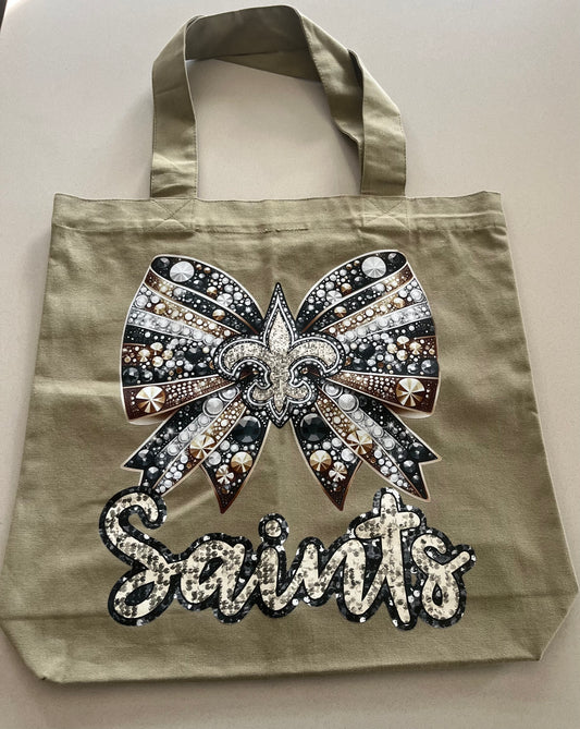 Saints Rhinestone Bow Tote Bag