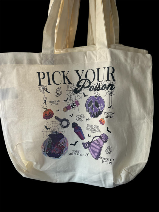 Pick Your Poison Halloween Tote Bag | Witchy Potion Apothecary Canvas Tote