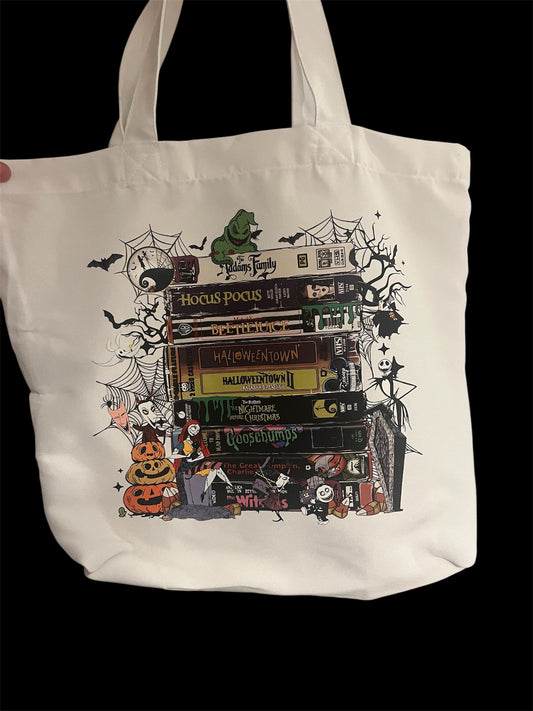 Spooky Movie Stack Tote Bag | Halloween VHS Aesthetic Tote