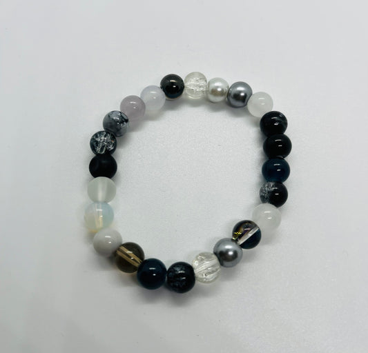 Black, White & Gray Glass Beaded Stretch Bracelet