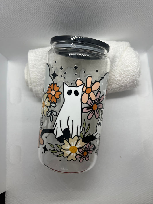 Cute Cat Ghost Floral Glass Cup | Spooky Cottagecore Aesthetic
