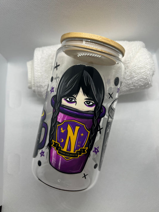Spooky Cute Goth Girl Glass Can Tumbler | Purple Aesthetic Cup