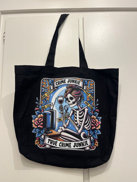 True Crime Junkie Skeleton Tote Bag