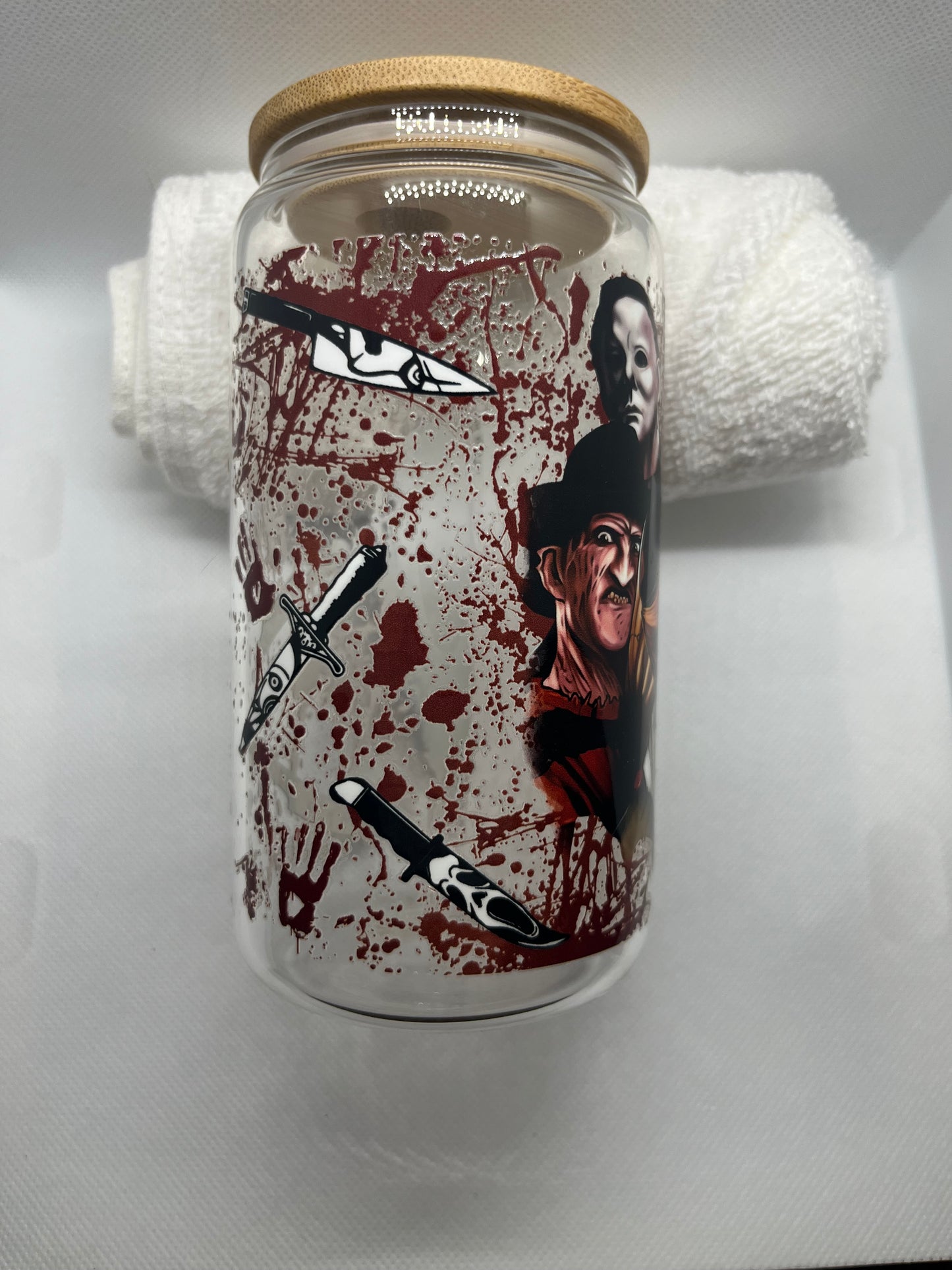 Horror Icons Collage Glass Tumbler | Spooky Slasher Aesthetic Cup