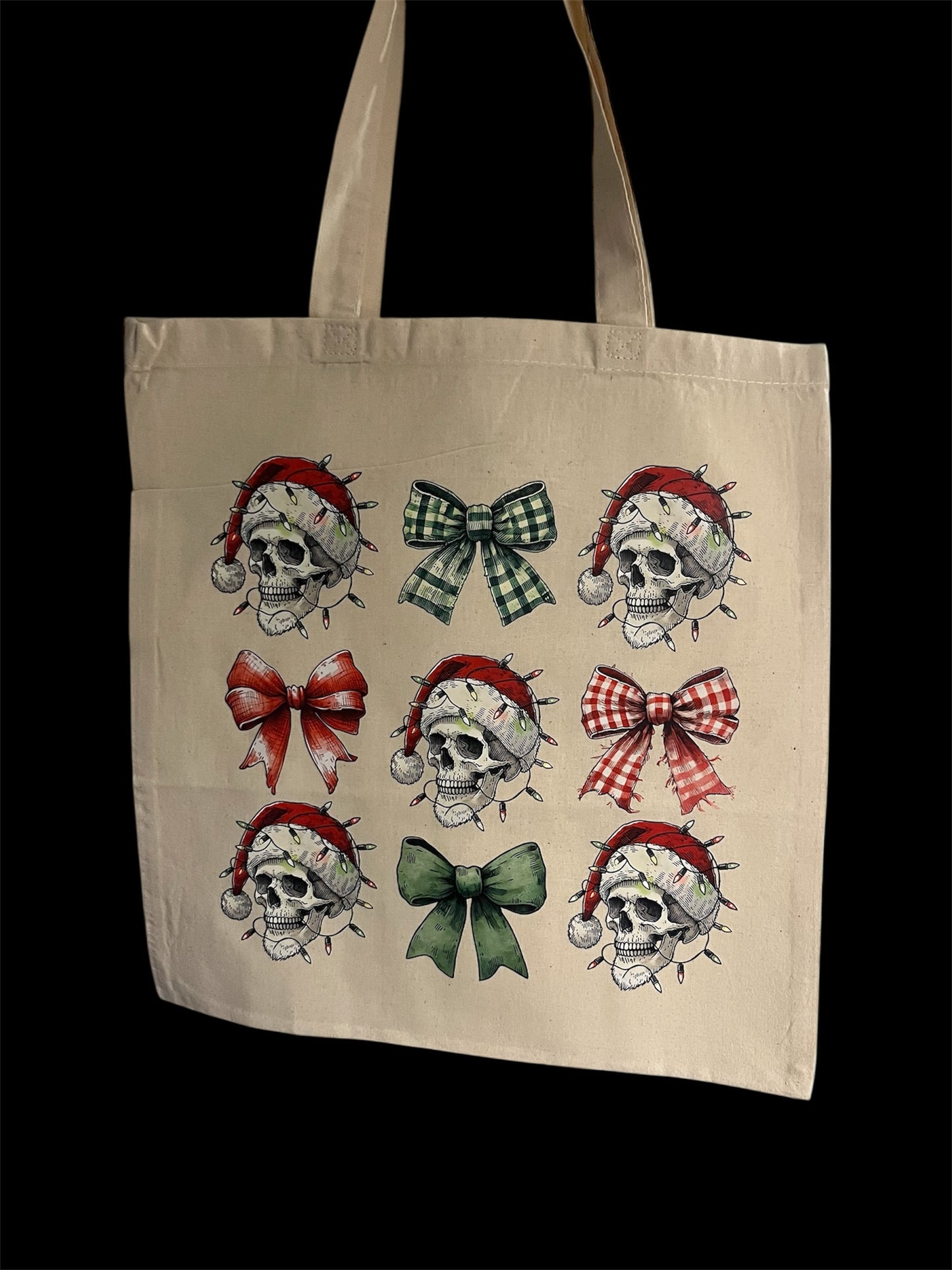 Spooky Christmas Skull & Bow Canvas Tote Bag | Gothic Holiday Tote