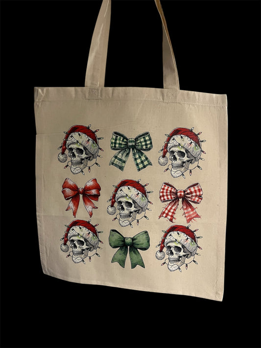 Spooky Christmas Skull & Bow Canvas Tote Bag | Gothic Holiday Tote