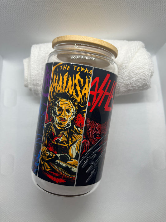 Horror Icons Glass Tumbler | Spooky Movie Villains Can Glass with Bamboo Lid