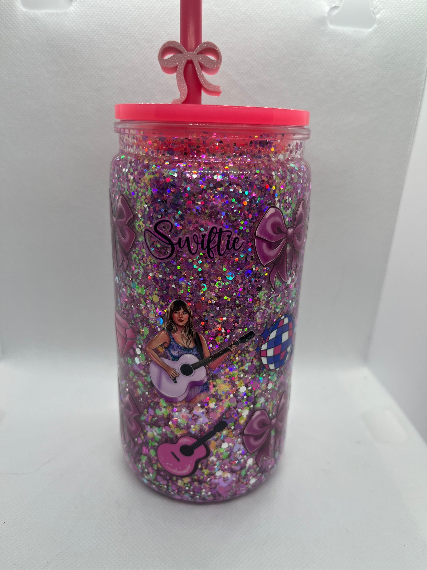 Swiftie Pink Glitter Snow Globe Tumbler – 16 oz Plastic Cup