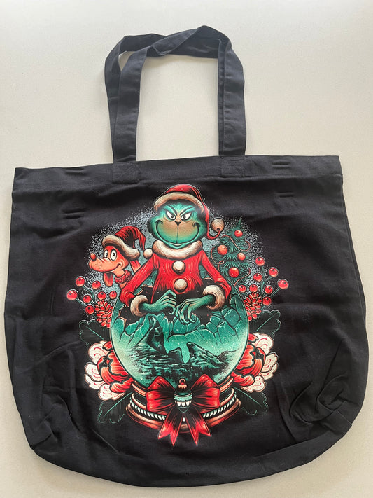 Grumpy Holiday Character Tote Bag – Festive Christmas Snow Globe Design