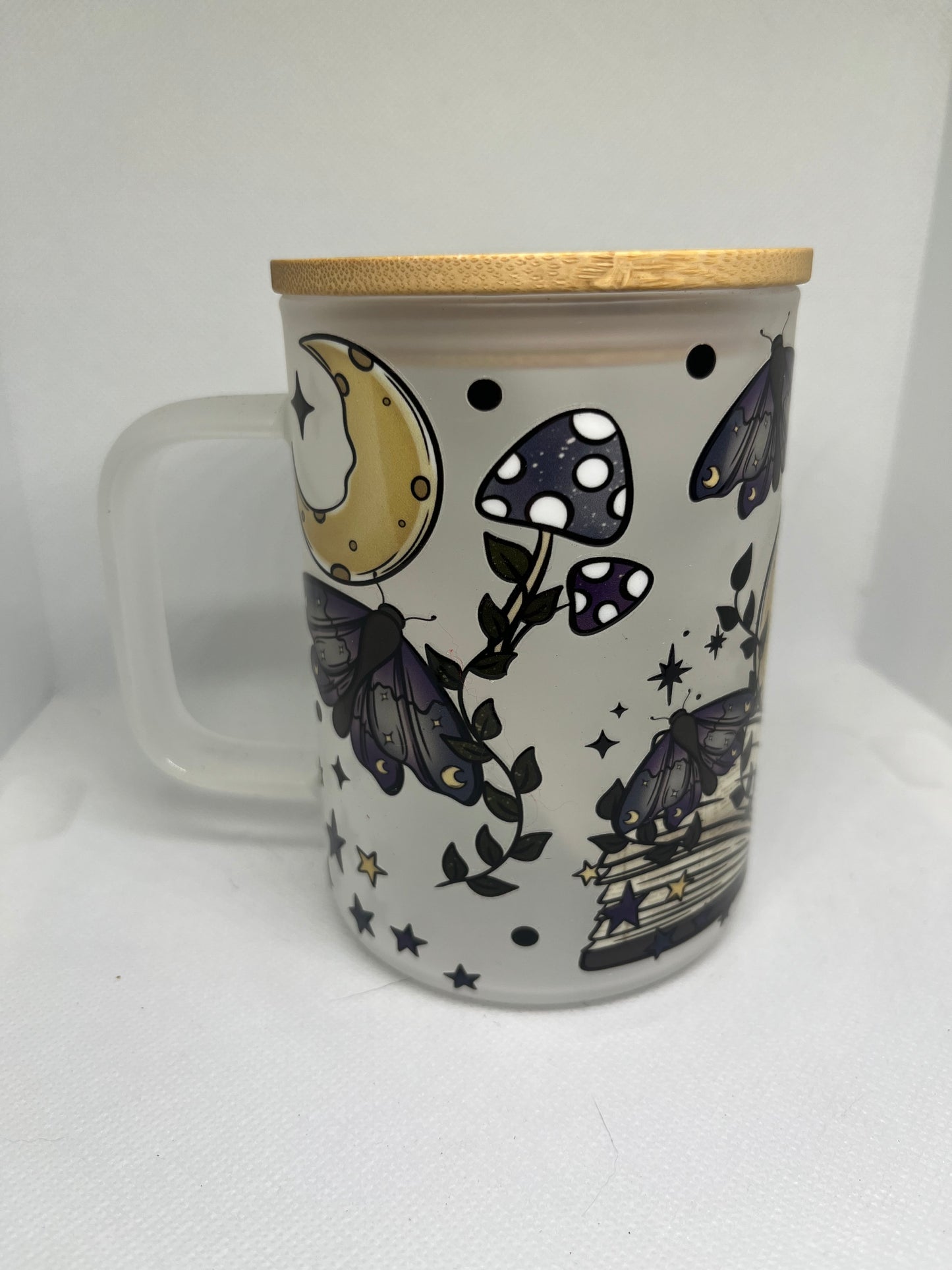 Moonlit Books & Moths Frosted Glass Mug with Bamboo Lid