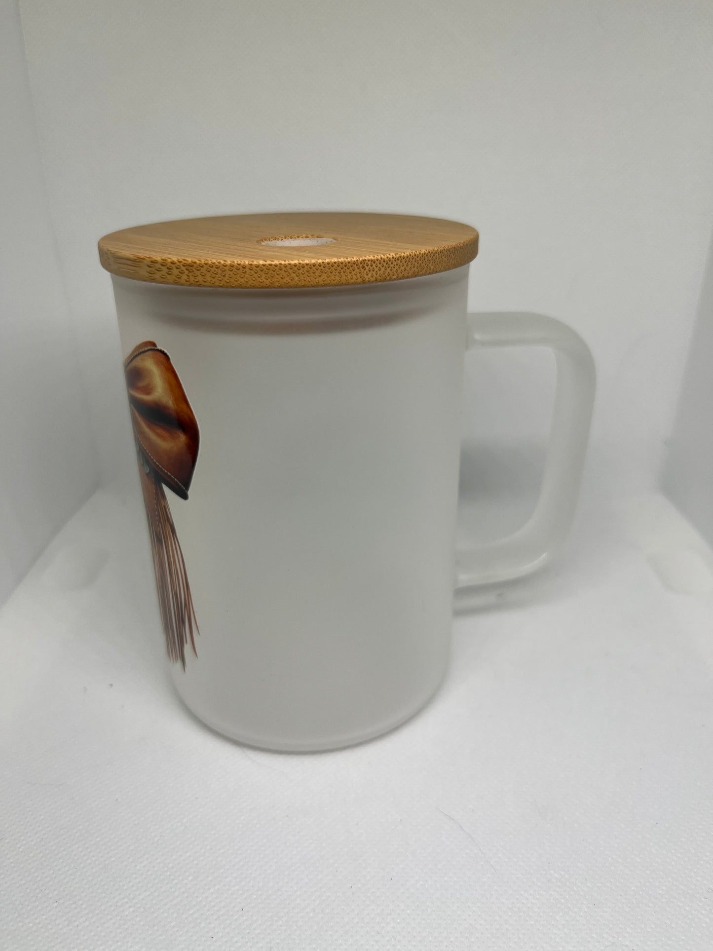 Western Fringe Bow Frosted Glass Mug with Bamboo Lid