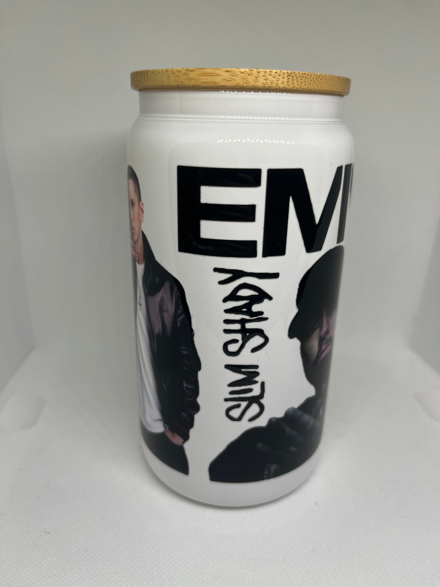 Eminem Slim Shady White Glass Can – 16 oz Rap Icon Tumbler