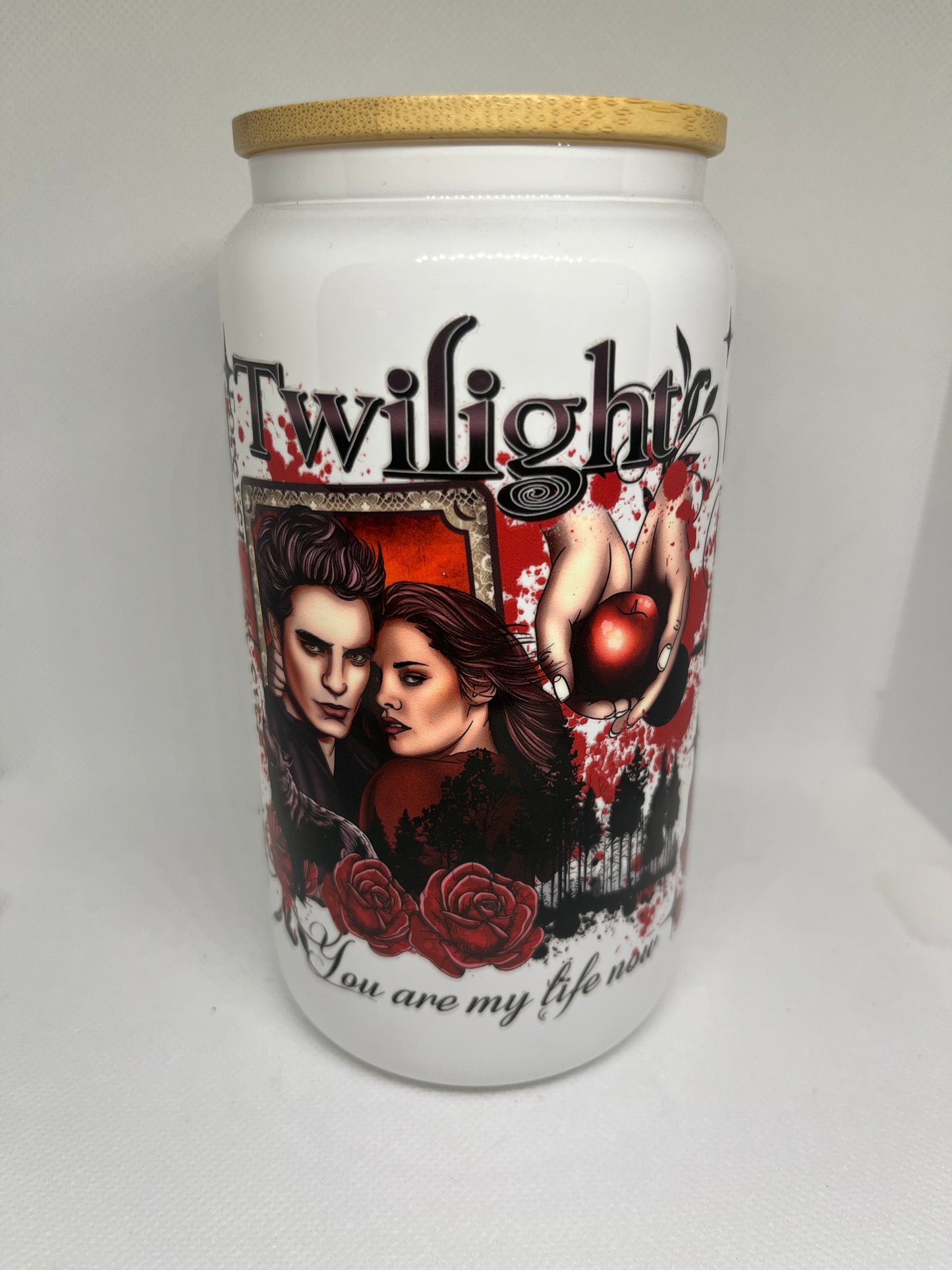 Vampire Romance Inspired White Glass Cup with Bamboo Lid – 16 oz