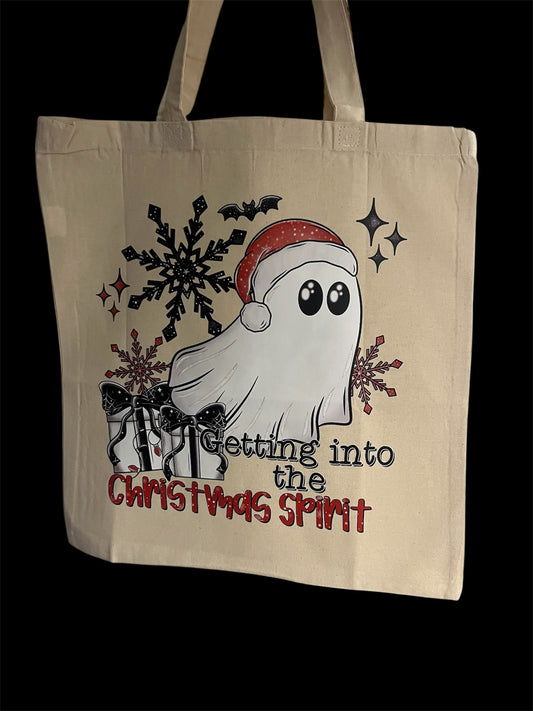 Getting Into the Christmas Spirit Ghost Canvas Tote Bag | Spooky Holiday Tote