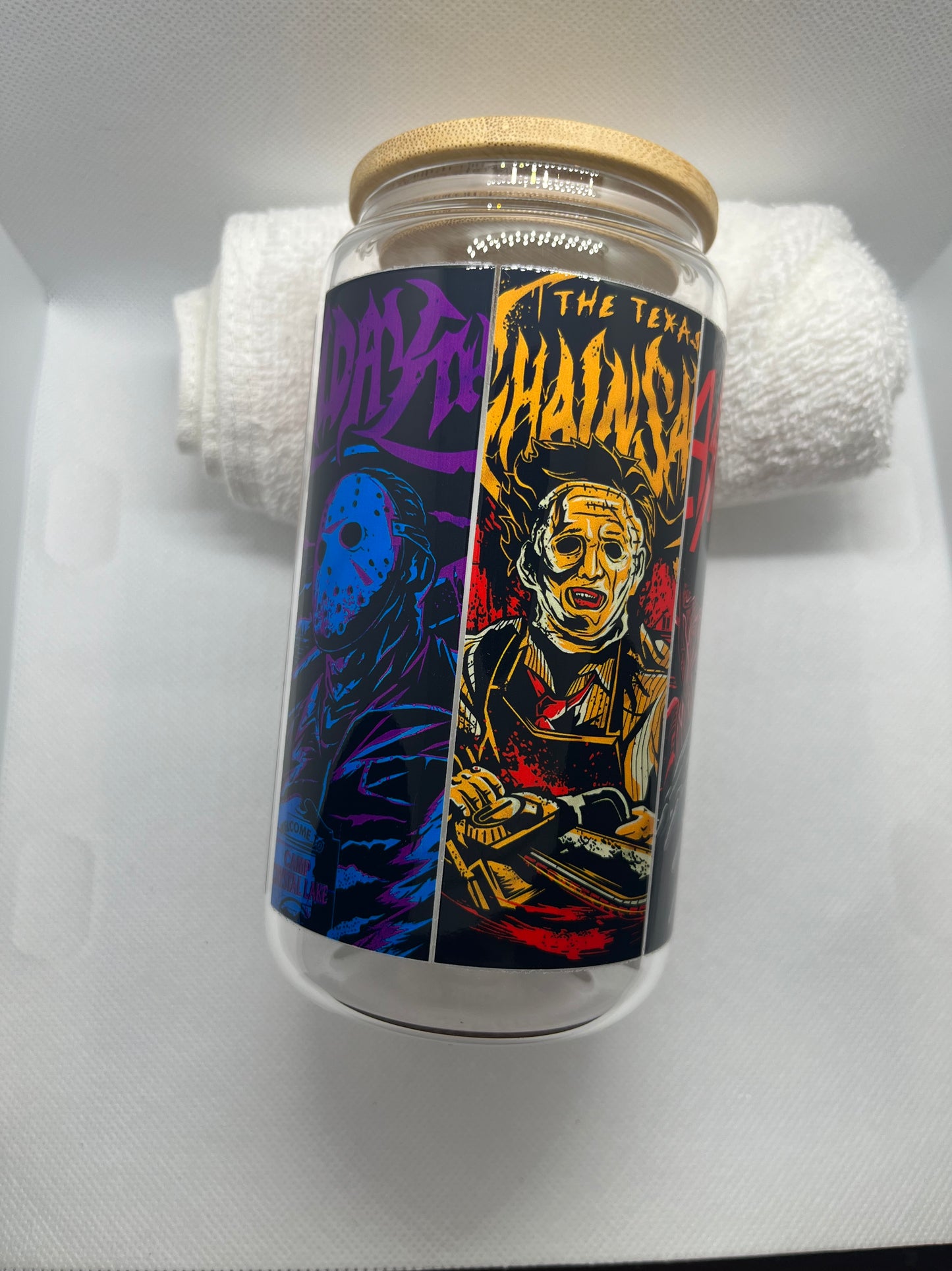 Horror Icons Glass Tumbler | Spooky Movie Villains Can Glass with Bamboo Lid