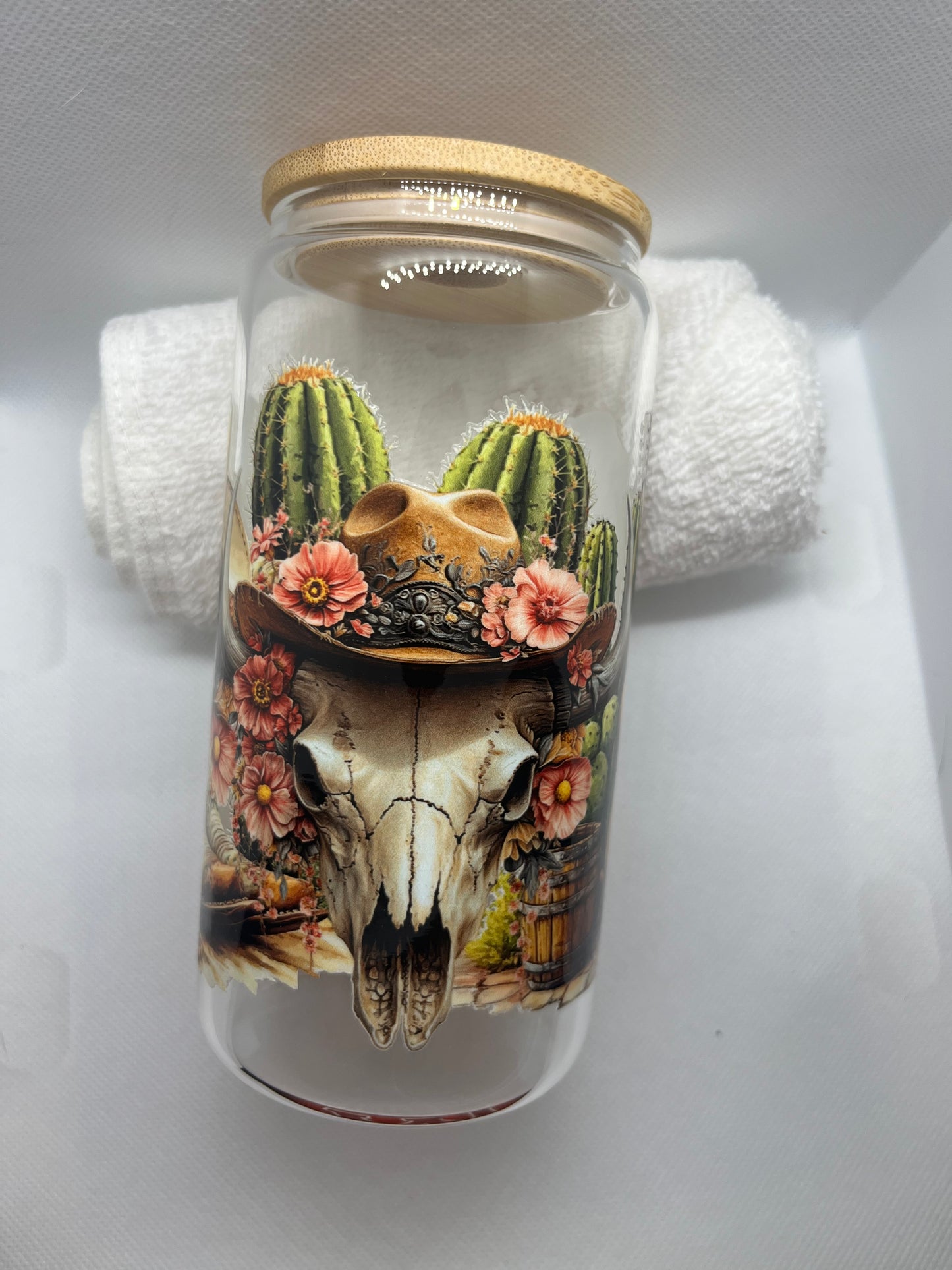 🐂 Western Skull Boho 16 oz Glass Tumbler