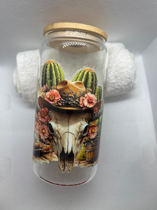 🐂 Western Skull Boho 16 oz Glass Tumbler