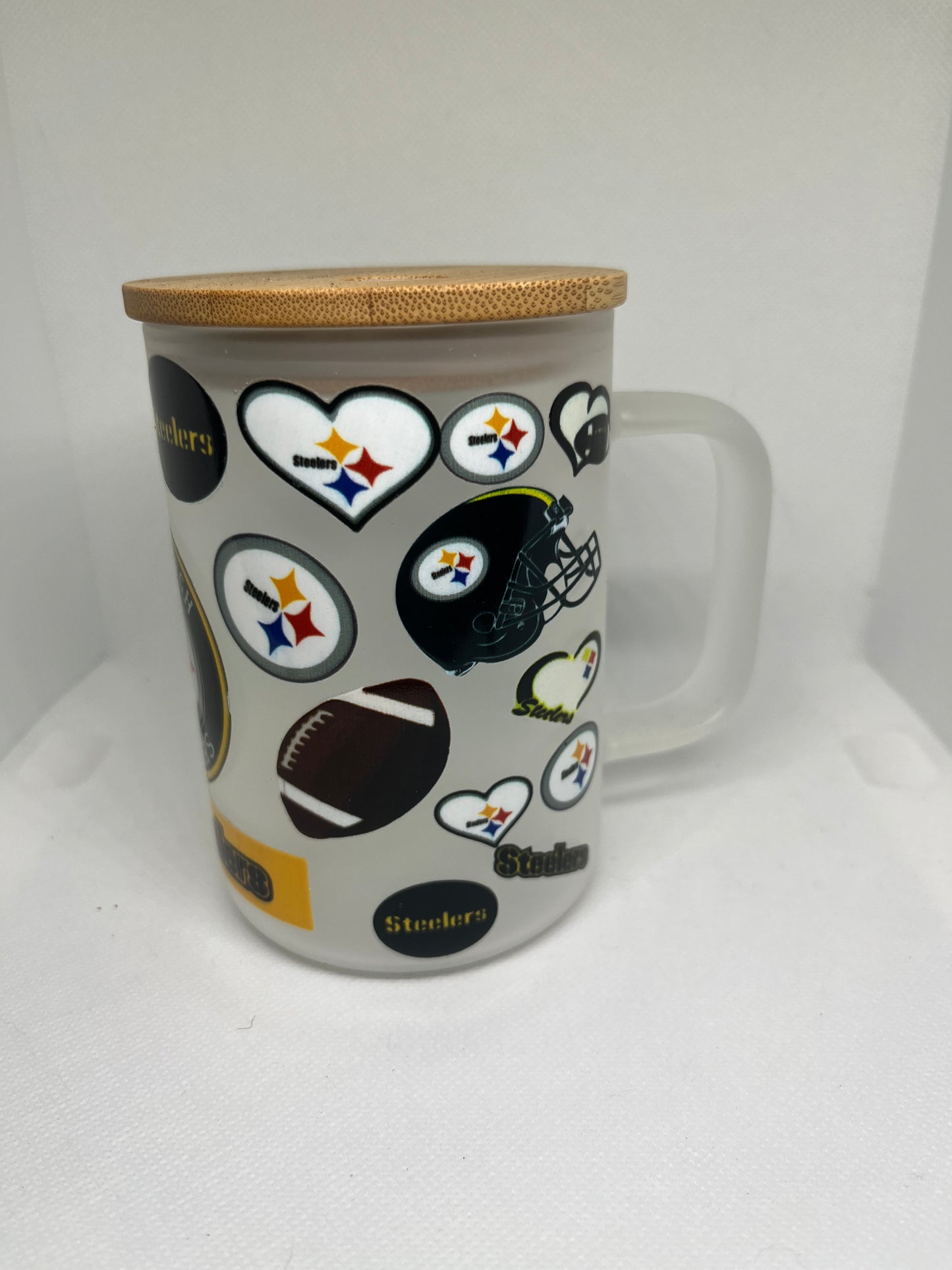Pittsburgh Football Fan Frosted Glass Mug with Bamboo Lid