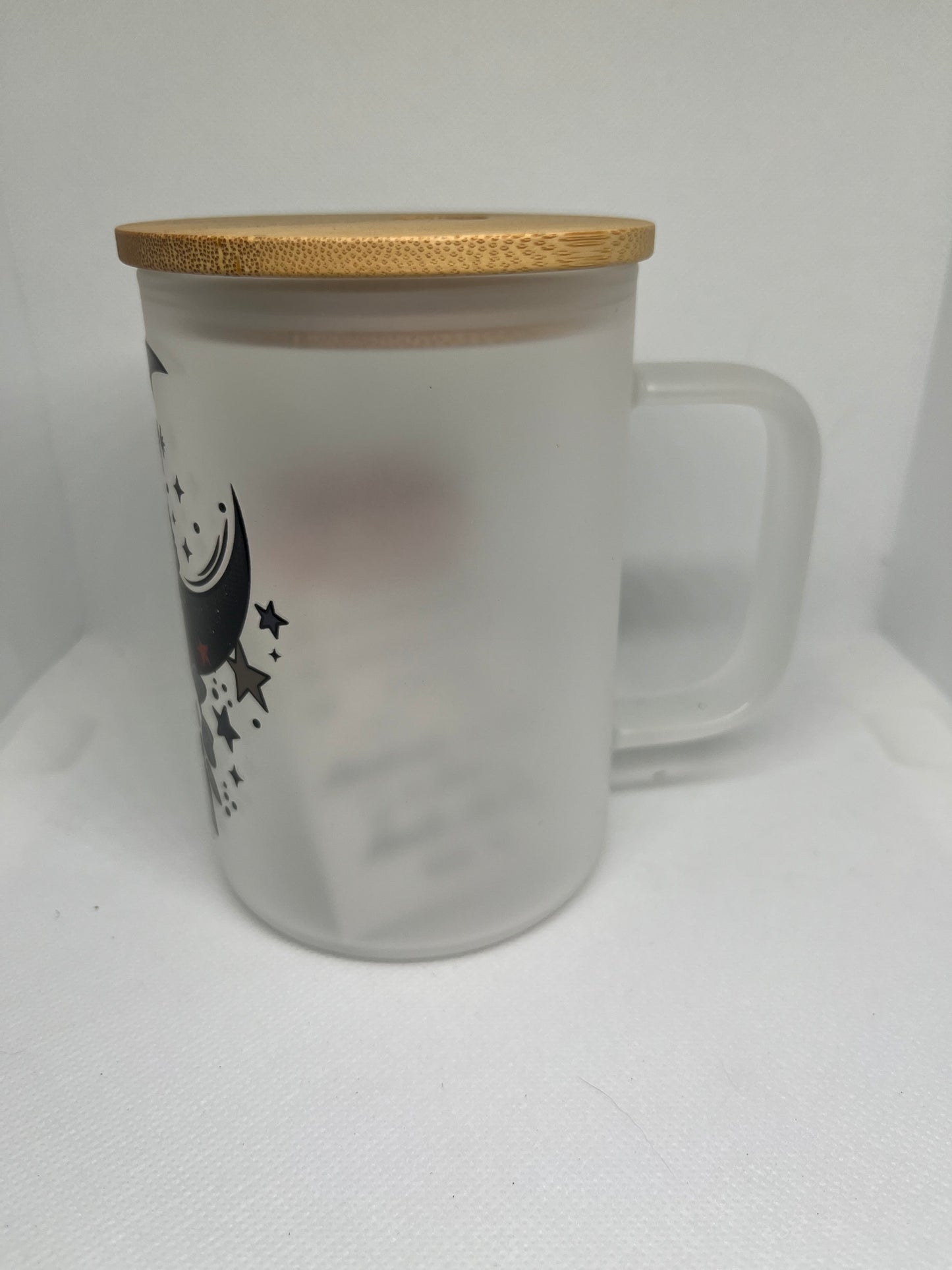 Skull & Crescent Moon Gothic Frosted Glass Mug with Bamboo Lid