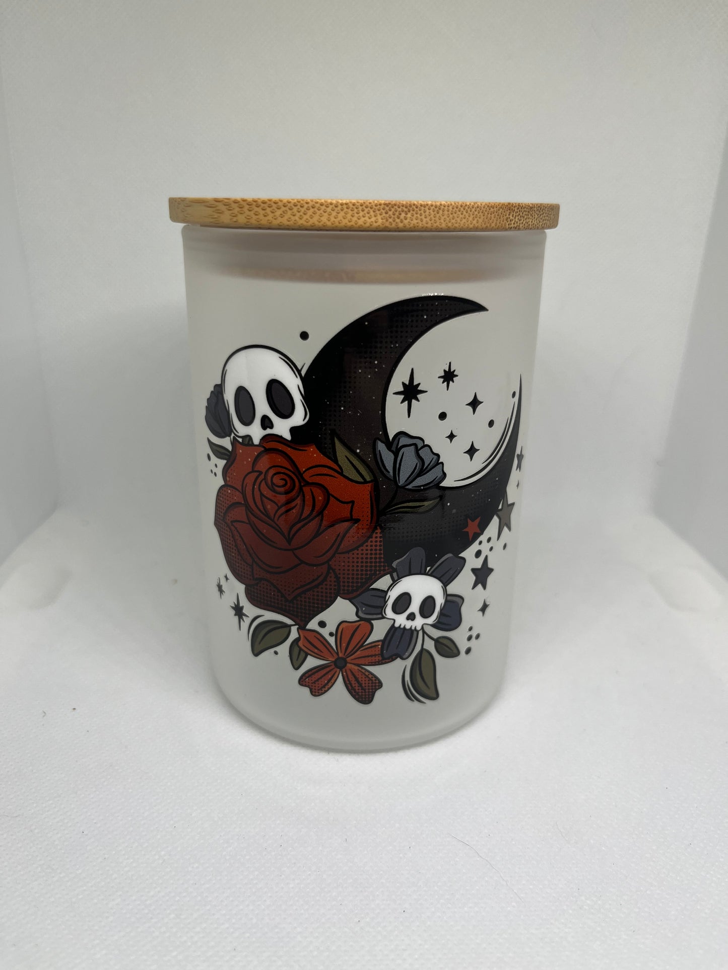 Skull & Crescent Moon Gothic Frosted Glass Mug with Bamboo Lid