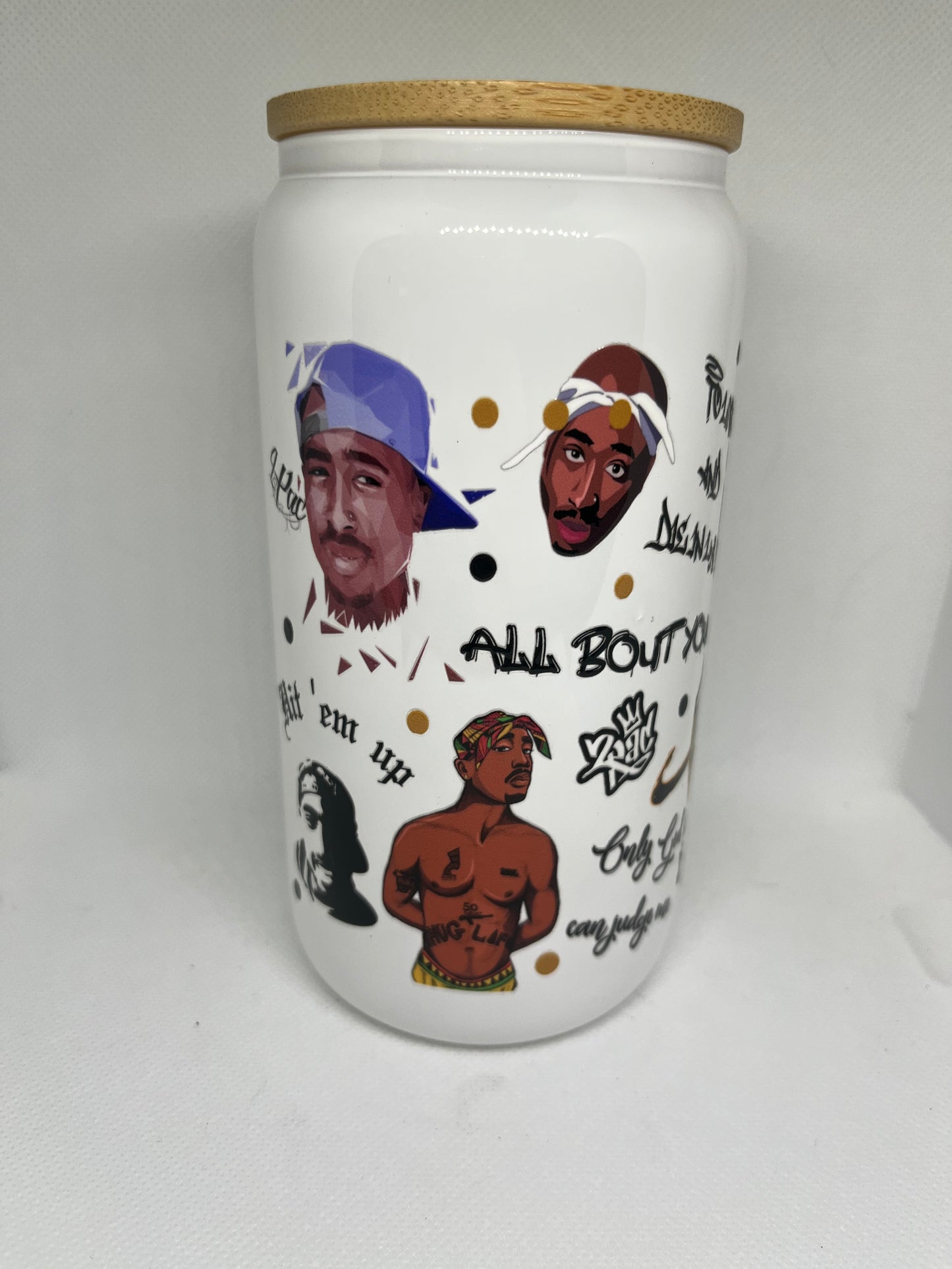 West Coast Rap Icon White Glass Cup with Bamboo Lid