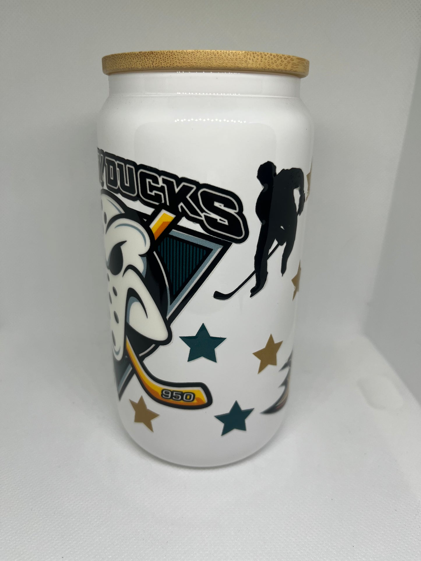 Hockey Mask Duck-Inspired White Glass Cup with Bamboo Lid