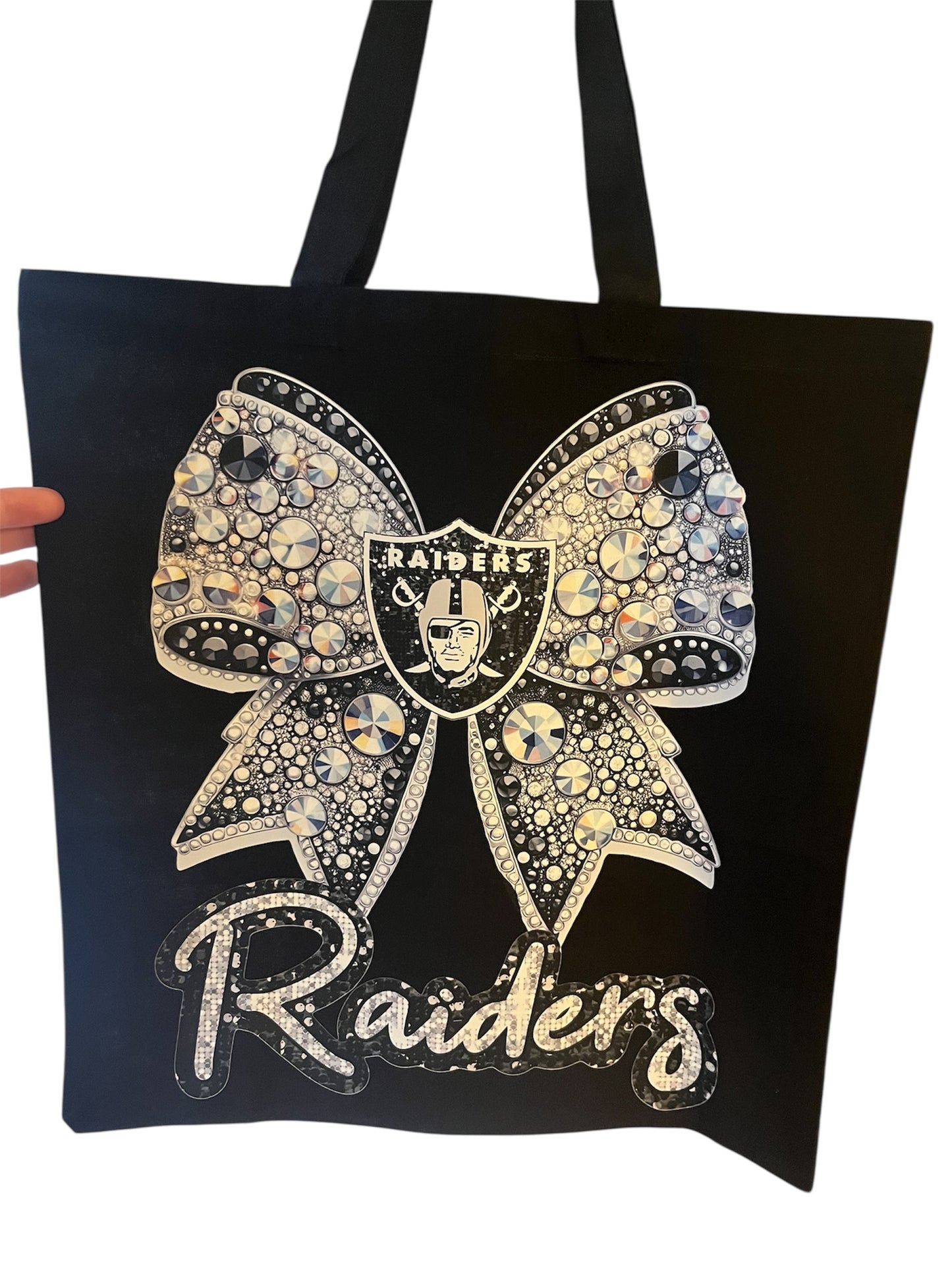 Black & Silver Football Bow Canvas Tote Bag | Glam Sports Tote