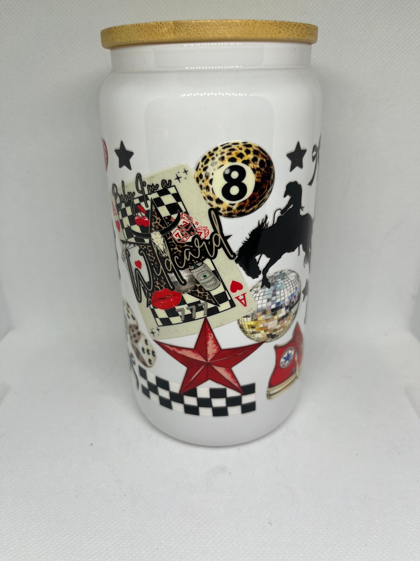 Retro Western Vibes 16 oz White Glass Can with Bamboo Lid