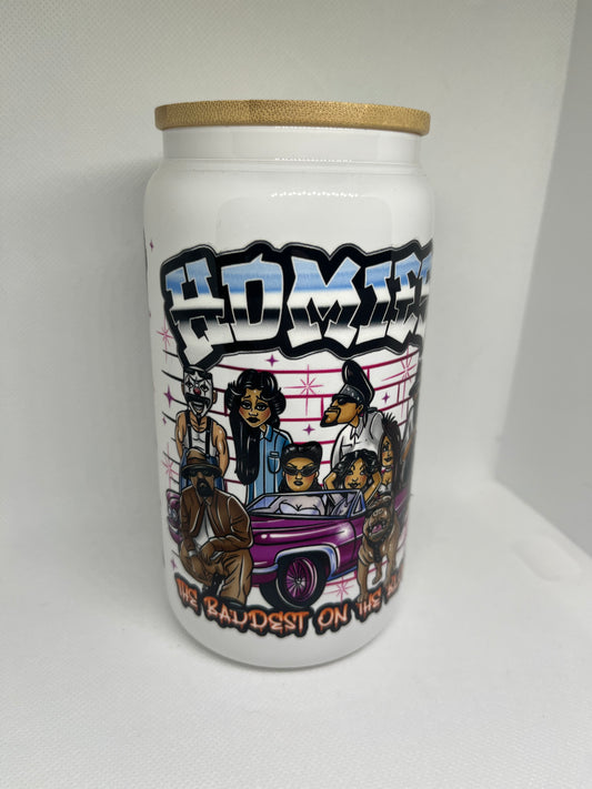 Homies-Inspired White Glass Cup with Bamboo Lid