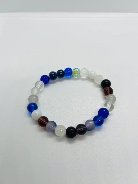 Blue, Black & Frosted Glass Beaded Stretch Bracelet