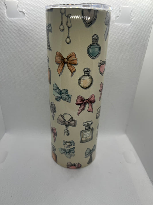 Vintage Perfume & Bow Tumbler – 20oz Skinny Stainless Steel Chic Aesthetic Cup